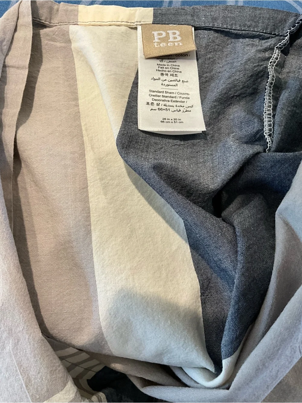 PB Teen Beachstone Stripe Standard Sham | Navy Gray Ivory | 100% Cotton